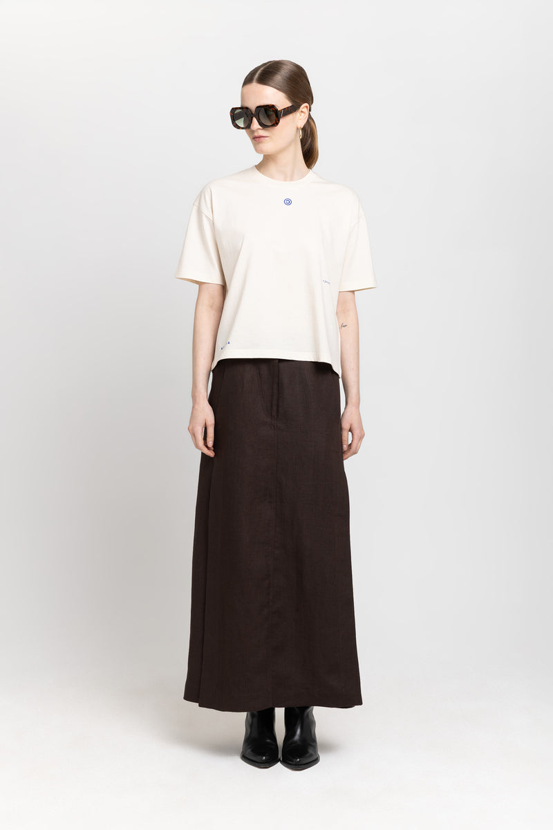 Dark brown weave linen midi skirt with side slits