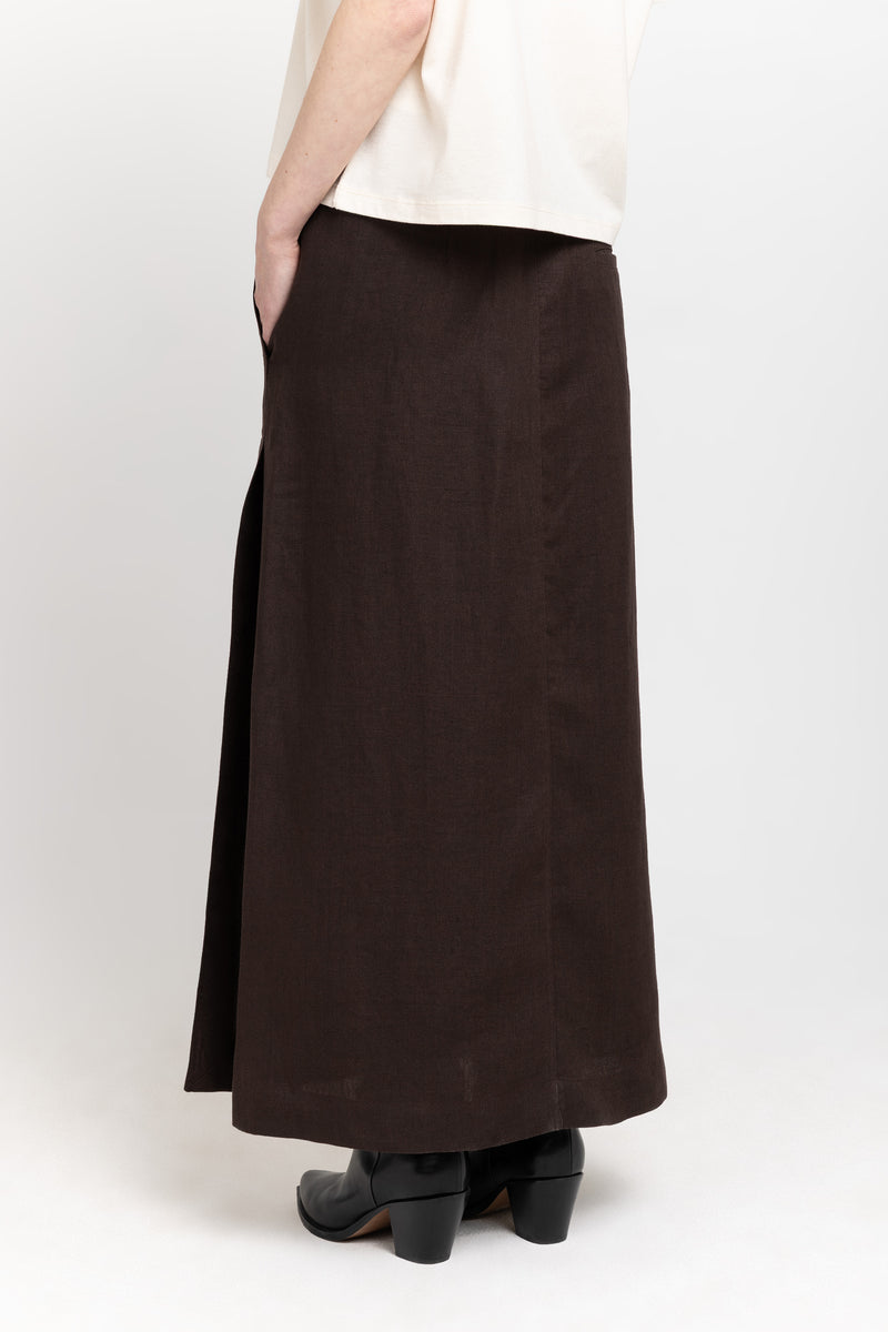 Dark brown weave linen midi skirt with side slits