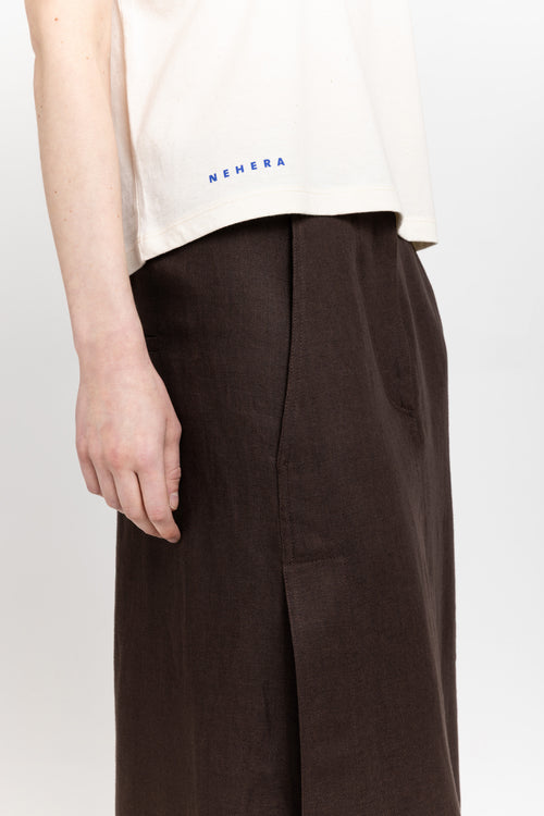 Dark brown weave linen midi skirt with side slits