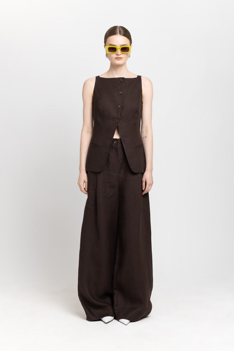Dark brown weave linen vest top