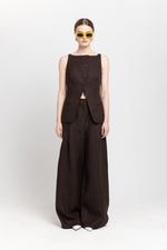 Dark brown weave linen high waisted wide leg pants