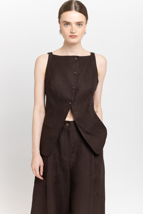 Dark brown weave linen vest top