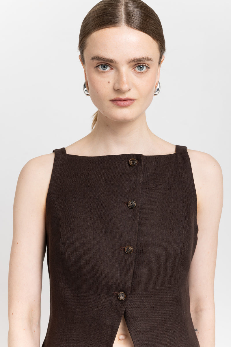 Dark brown weave linen vest top
