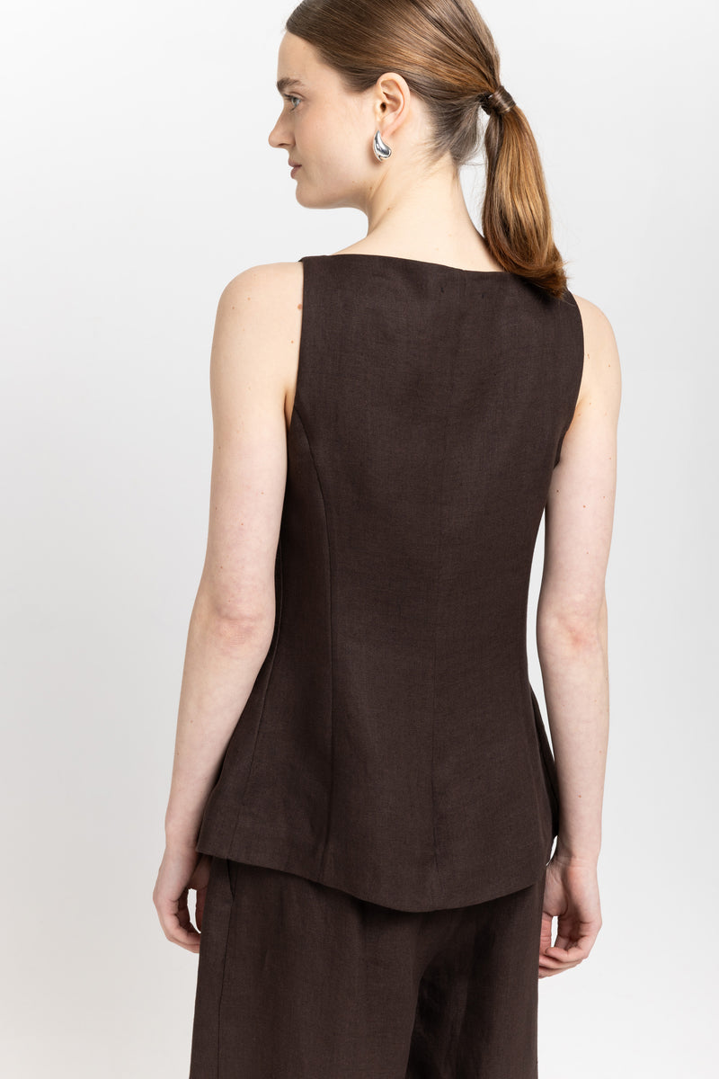 Dark brown weave linen vest top
