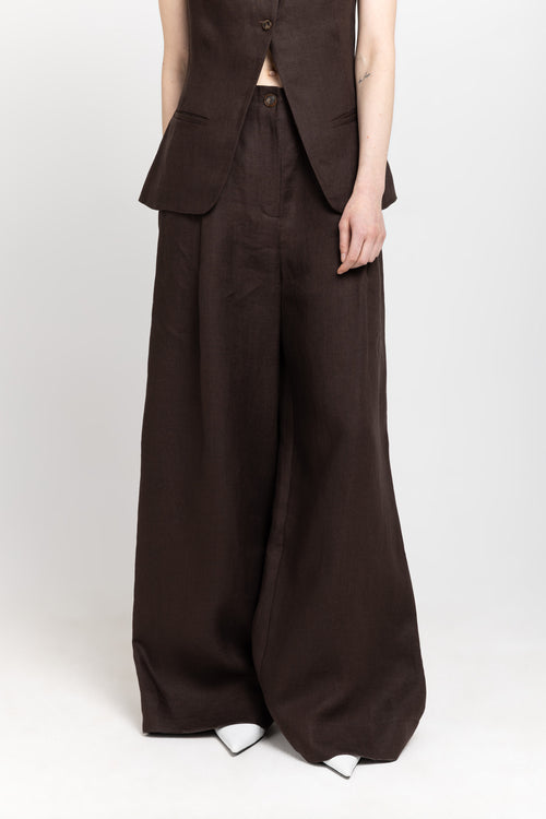 Dark brown weave linen high waisted wide leg pants