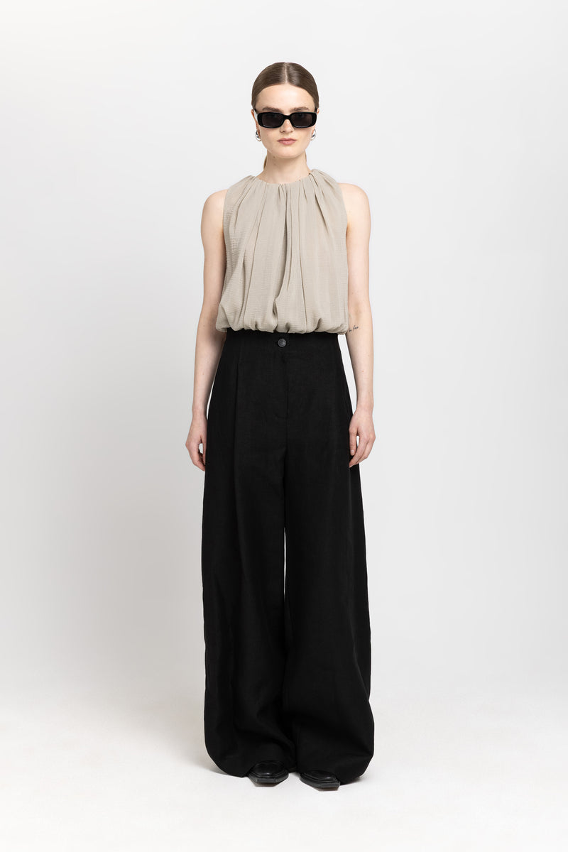 Black classic linen high waisted wide leg pants