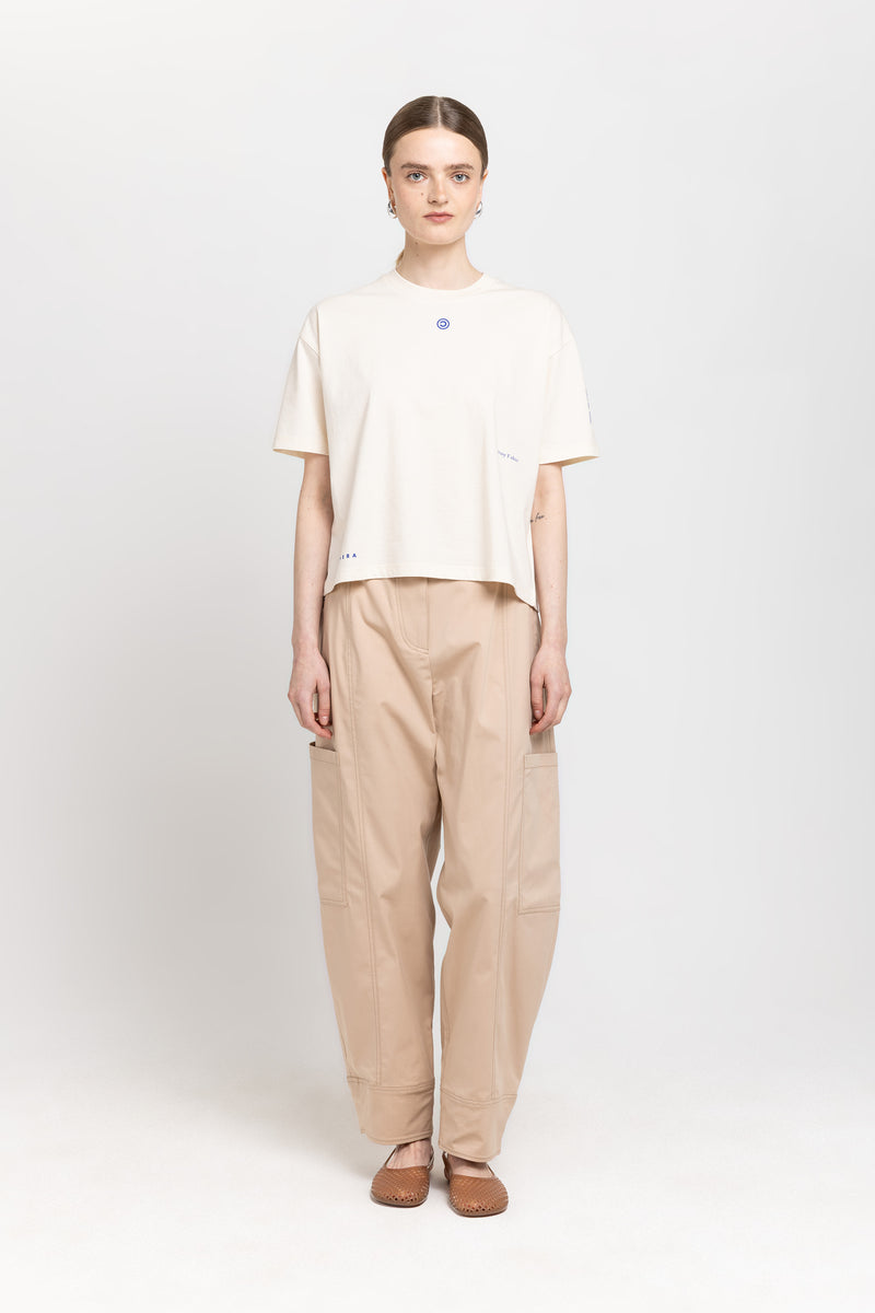 Beige stretch cotton blend cargo style pants
