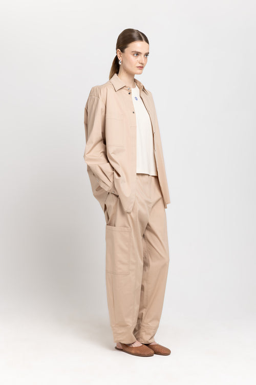 Beige stretch cotton blend cargo style pants
