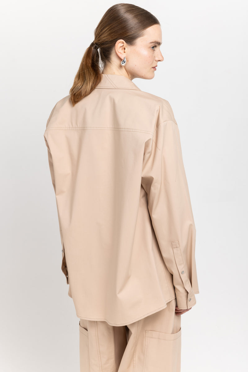 Beige stretch cotton blend overshirt