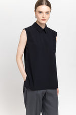 Black crinkle poplin sleeveless blouse