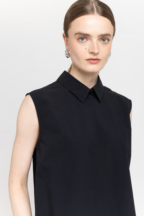 Black crinkle poplin sleeveless blouse