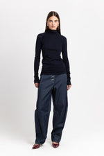 Navy thin wool jersey rollneck