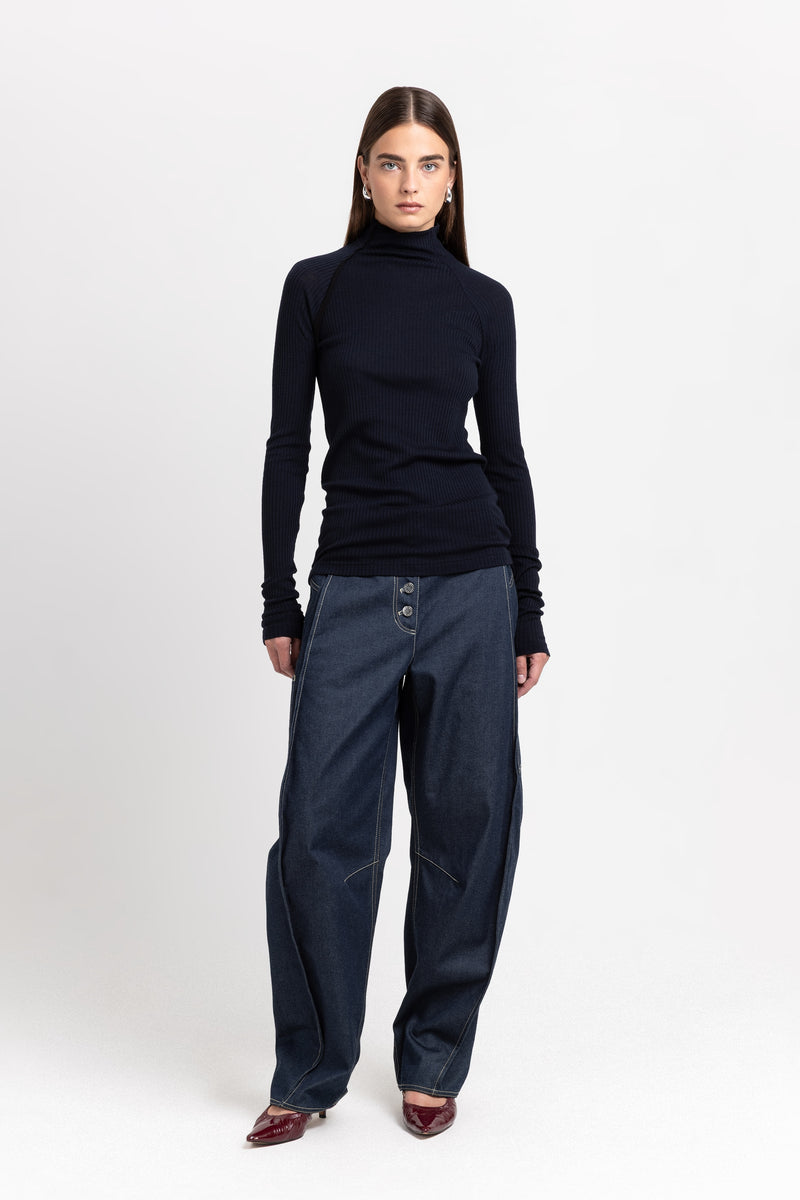 Navy thin wool jersey rollneck
