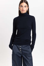 Navy thin wool jersey rollneck