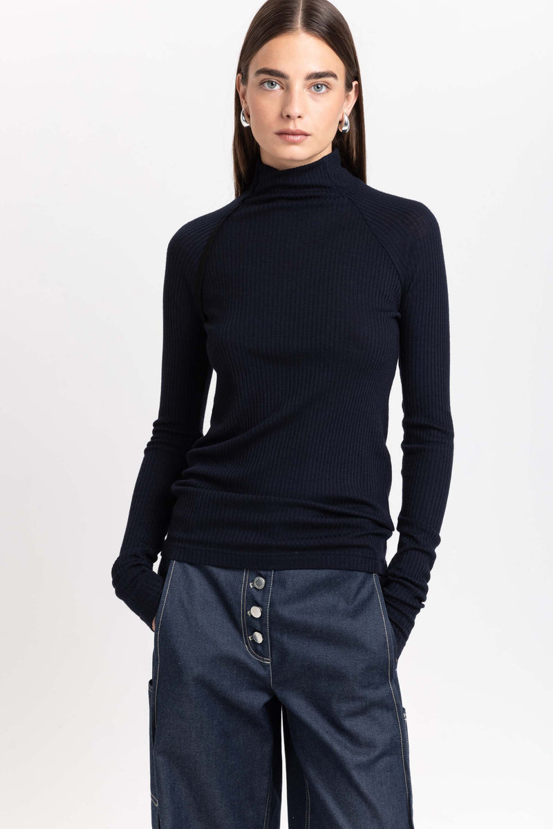 Navy thin wool jersey rollneck