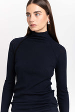 Navy thin wool jersey rollneck