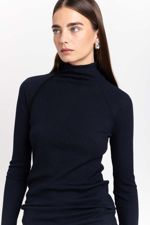 Navy thin wool jersey rollneck
