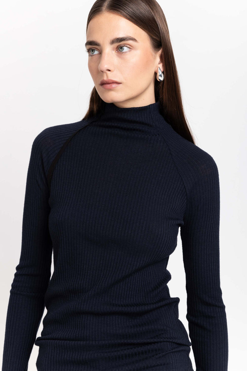 Navy thin wool jersey rollneck