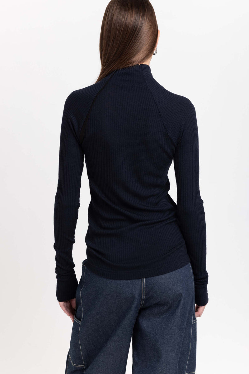 Navy thin wool jersey rollneck
