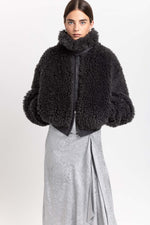 Charcoal black faux alpaca fur bomber jacket