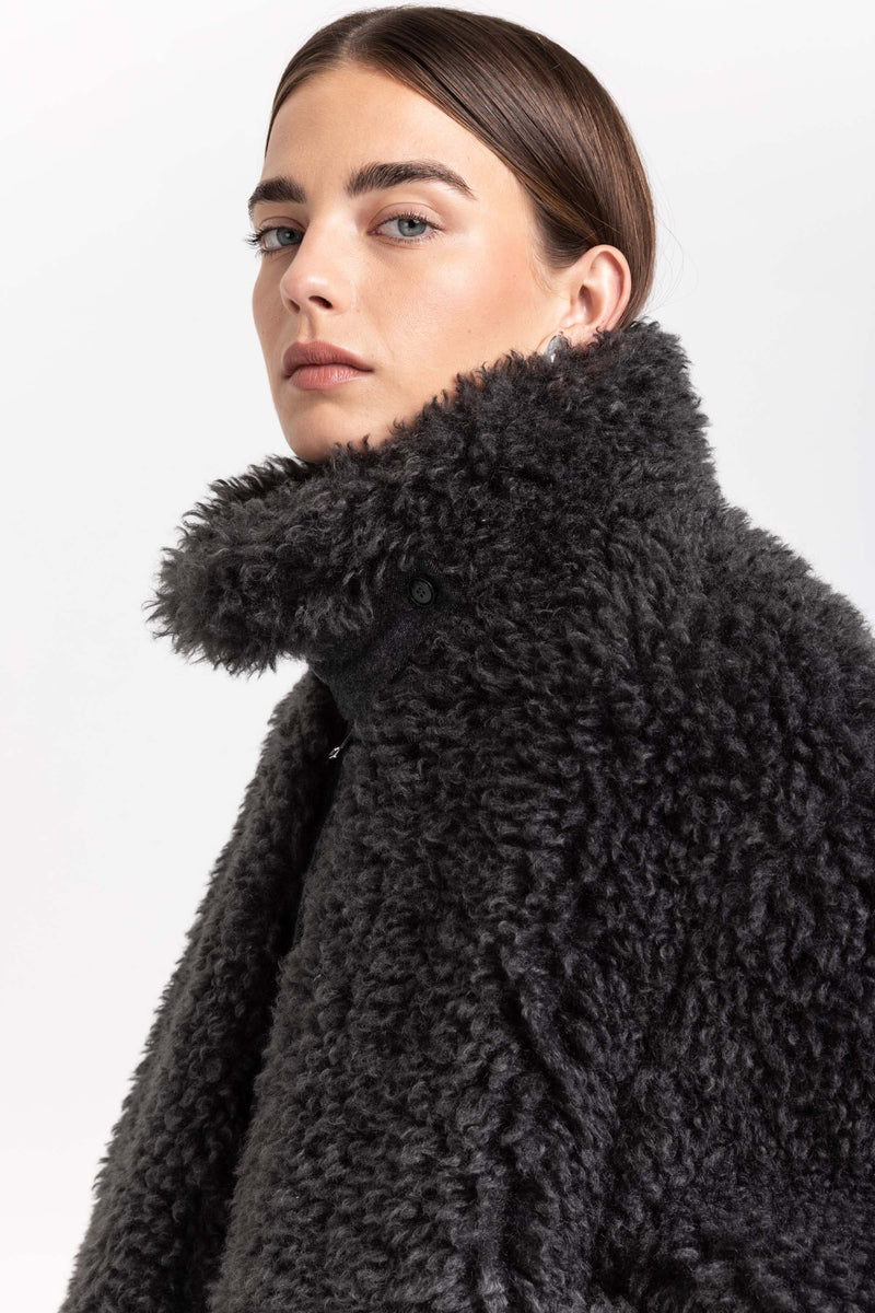 Charcoal black faux alpaca fur bomber jacket