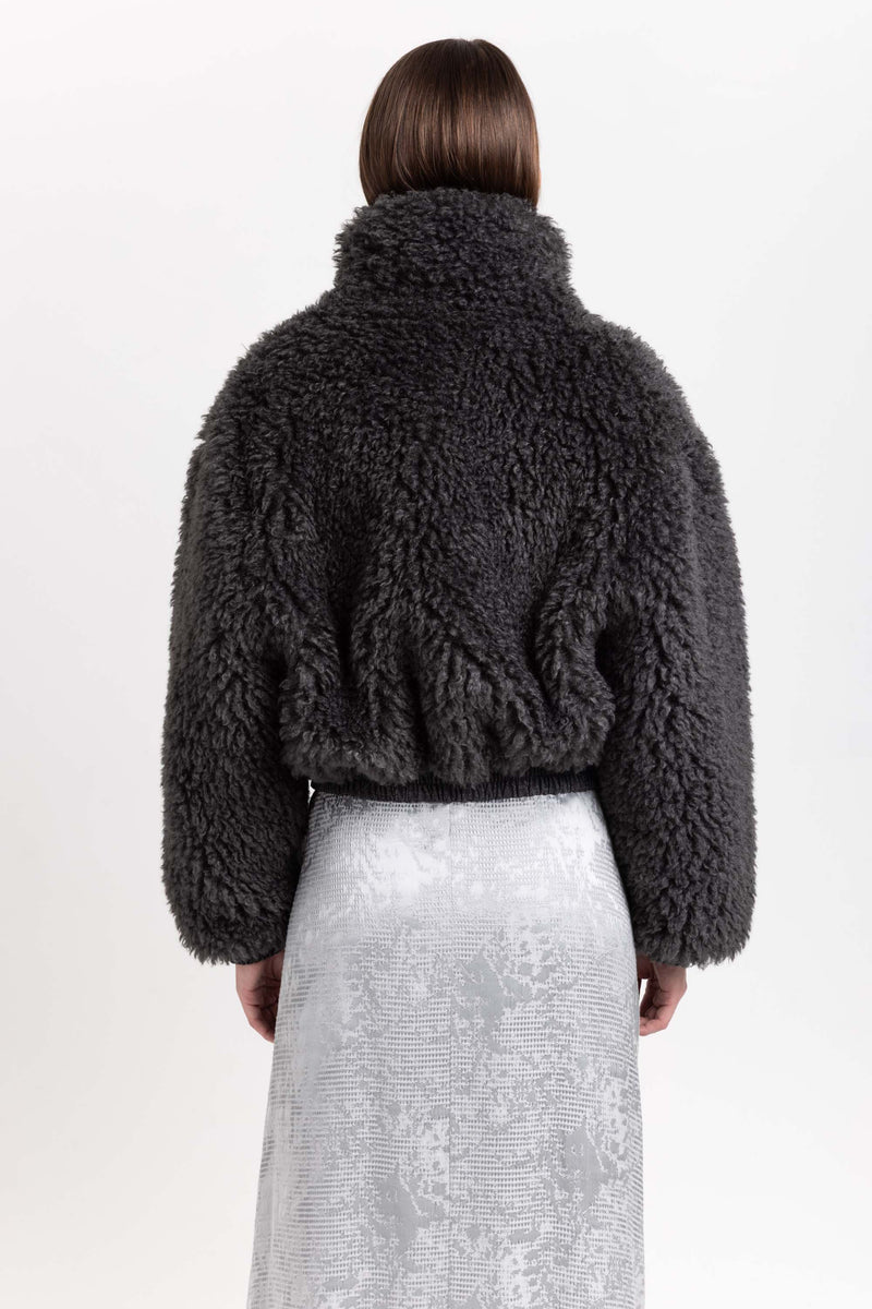 Charcoal black faux alpaca fur bomber jacket
