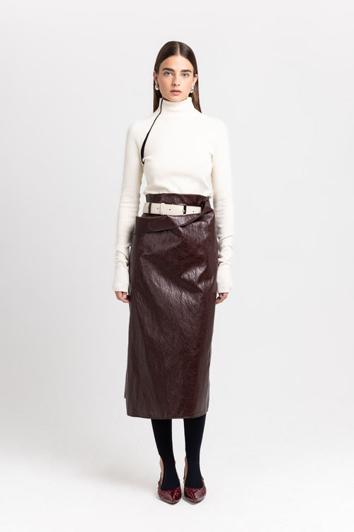 Burgundy faux leather pencil skirt
