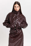 Burgundy faux leather quilt bomber jacket