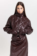 Burgundy faux leather quilt bomber jacket