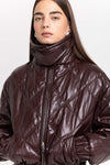 Burgundy faux leather quilt bomber jacket