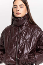 Burgundy faux leather quilt bomber jacket