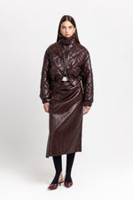 Burgundy faux leather quilt bomber jacket