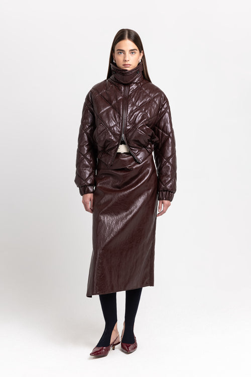 Burgundy faux leather quilt bomber jacket