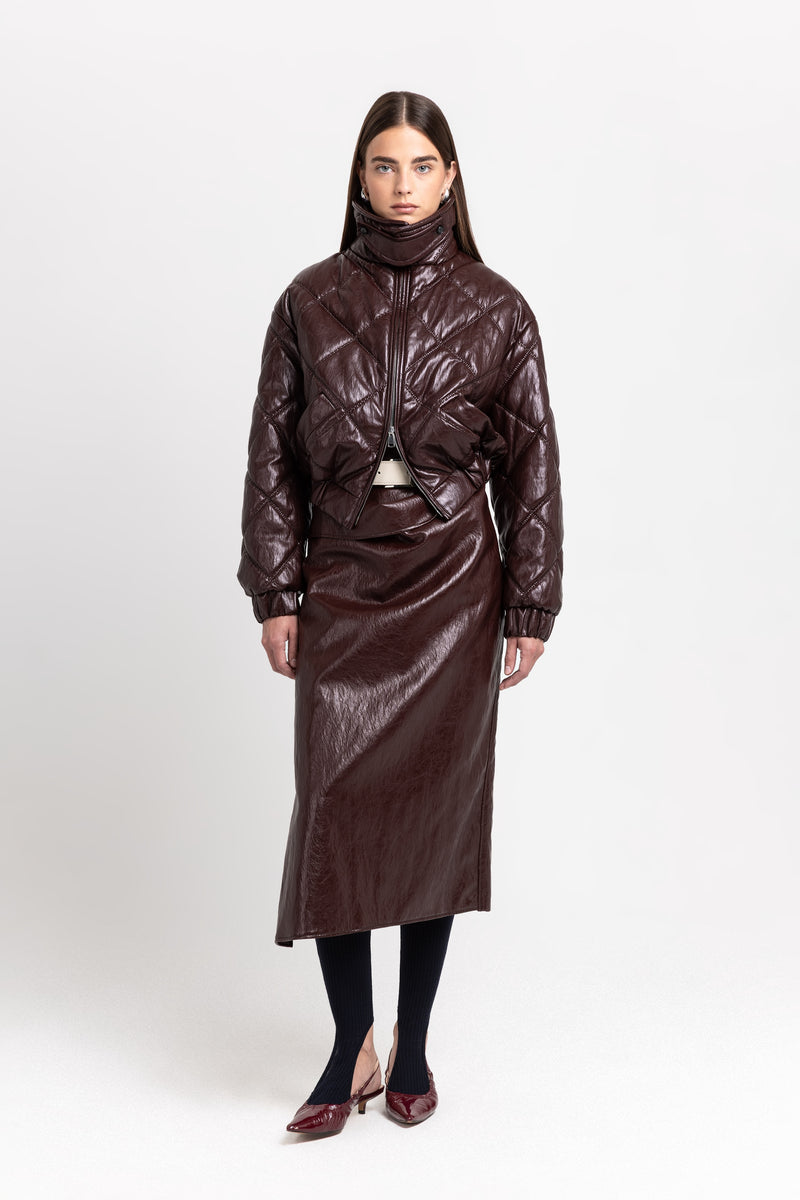 Burgundy faux leather quilt bomber jacket