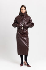 Burgundy faux leather quilt bomber jacket