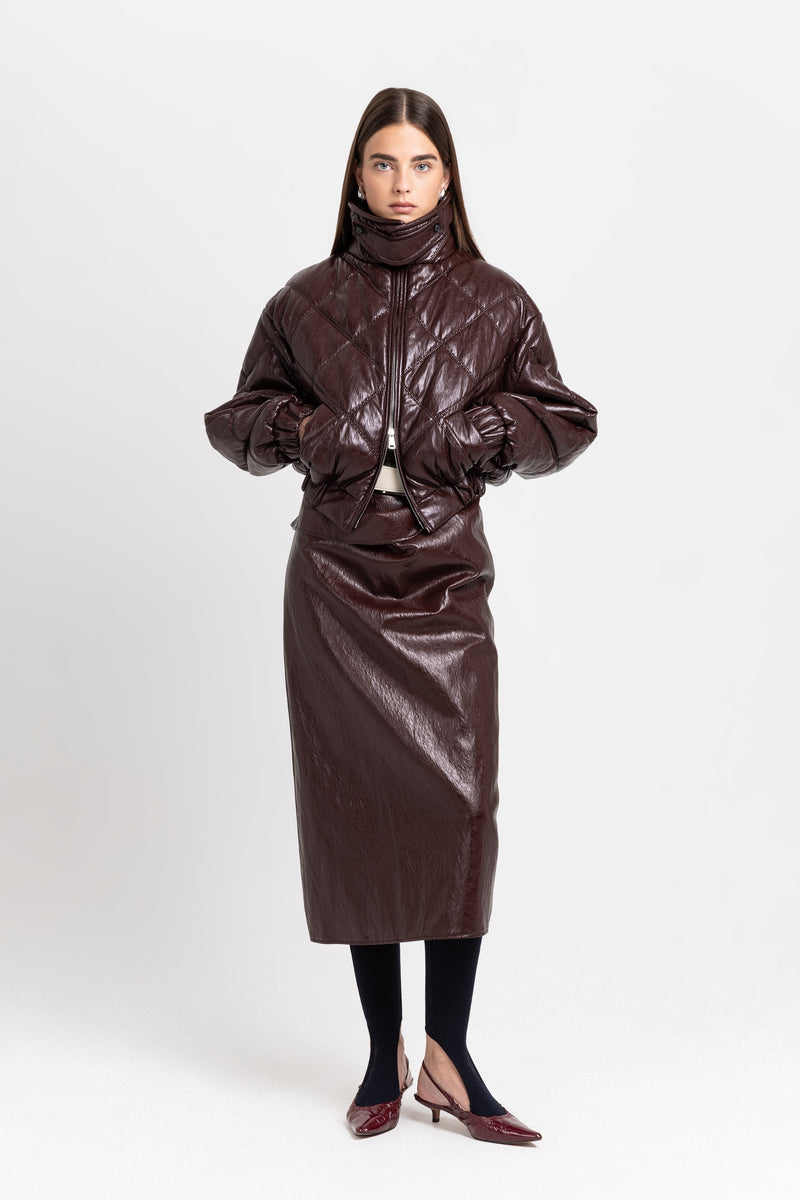 Burgundy faux leather quilt bomber jacket