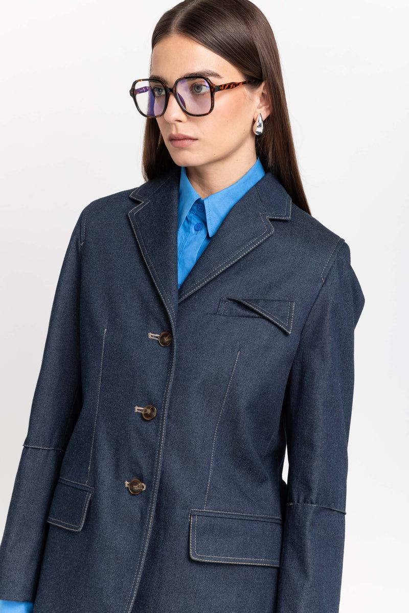 Indigo blue soft touch denim tailored jacket