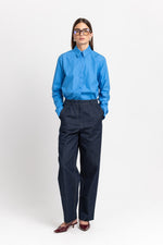 Indigo blue soft touch denim tailored straight pants