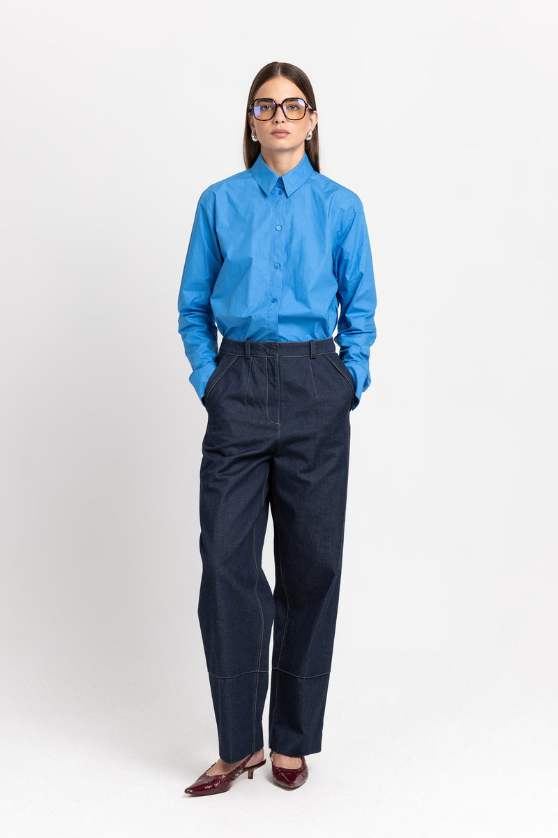 Indigo blue soft touch denim tailored straight pants