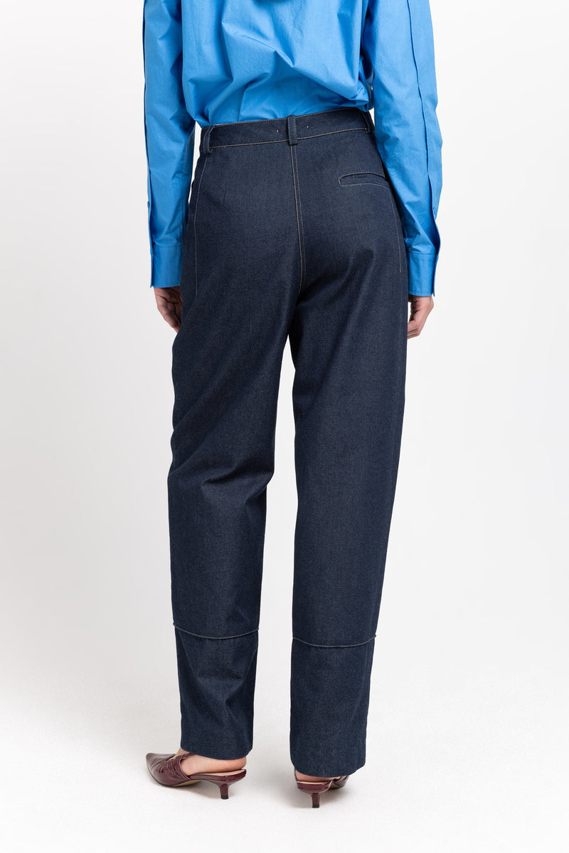 Indigo blue soft touch denim tailored straight pants