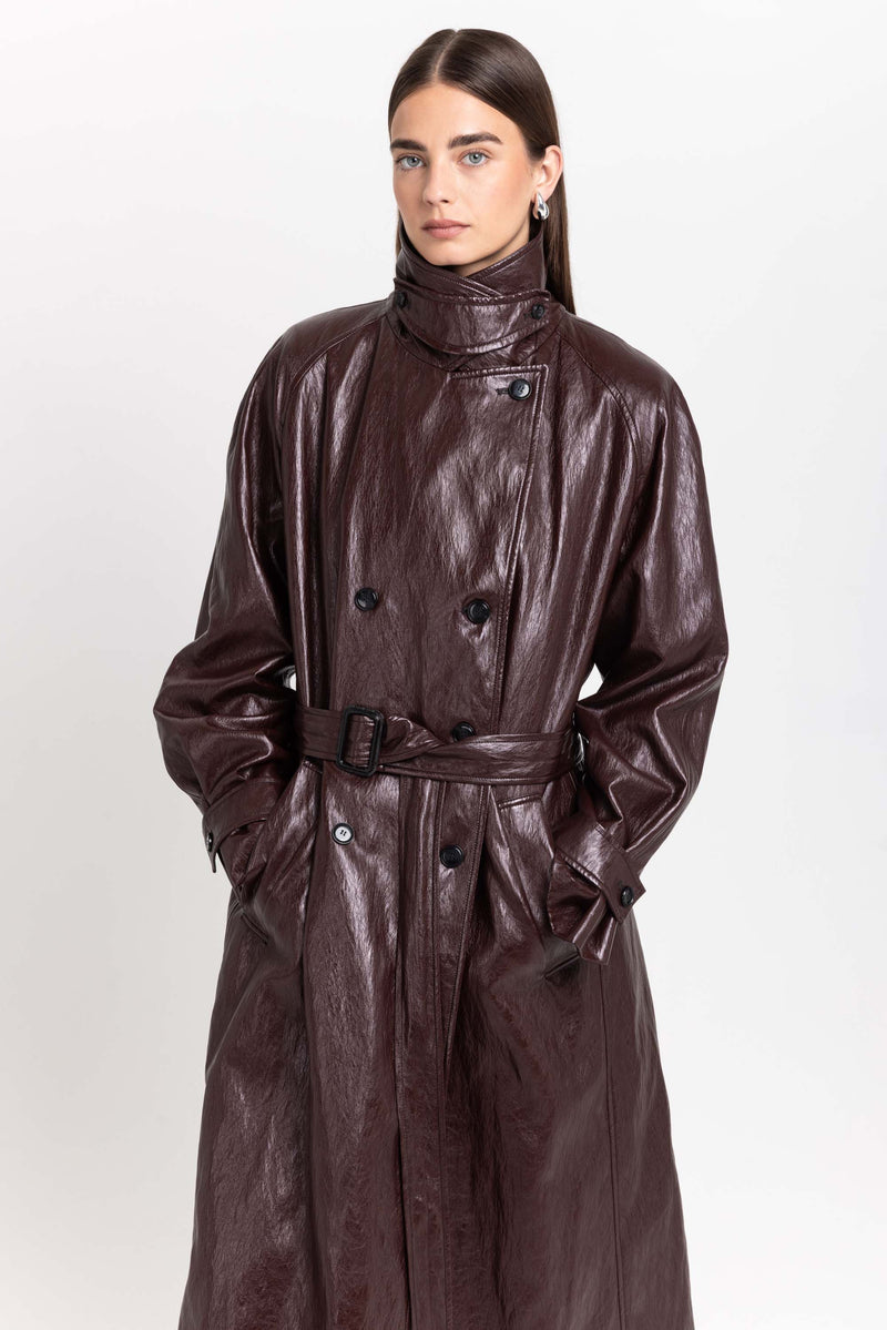 Burgundy faux leather trench coat