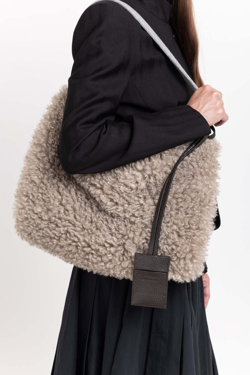 Taupe faux alpaca fur shoulder bag & hand muff
