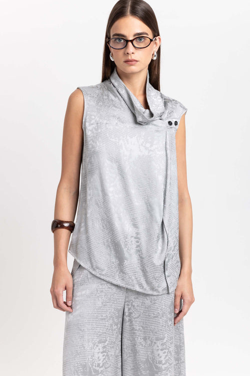 Silver textured draped-front blouse