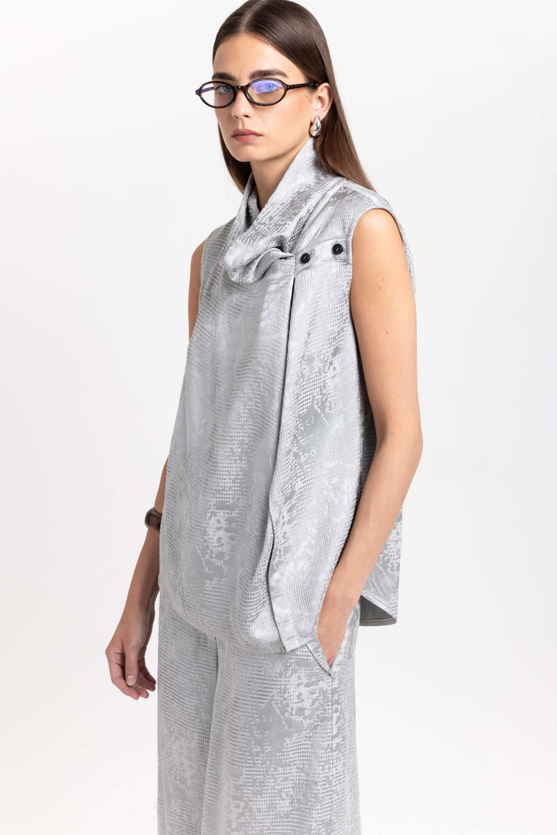 Silver textured draped-front blouse