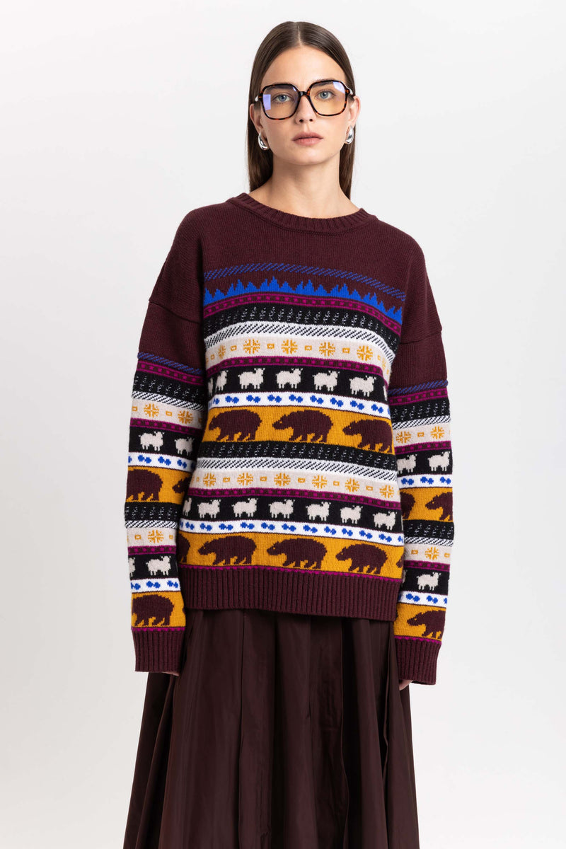 Dark mix fine merino unisex holiday jacquard pullover