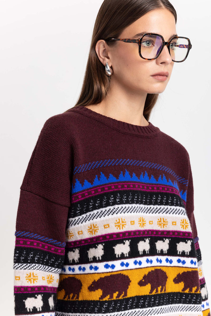 Dark mix fine merino unisex holiday jacquard pullover