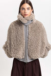 Light taupe faux alpaca fur bomber jacket