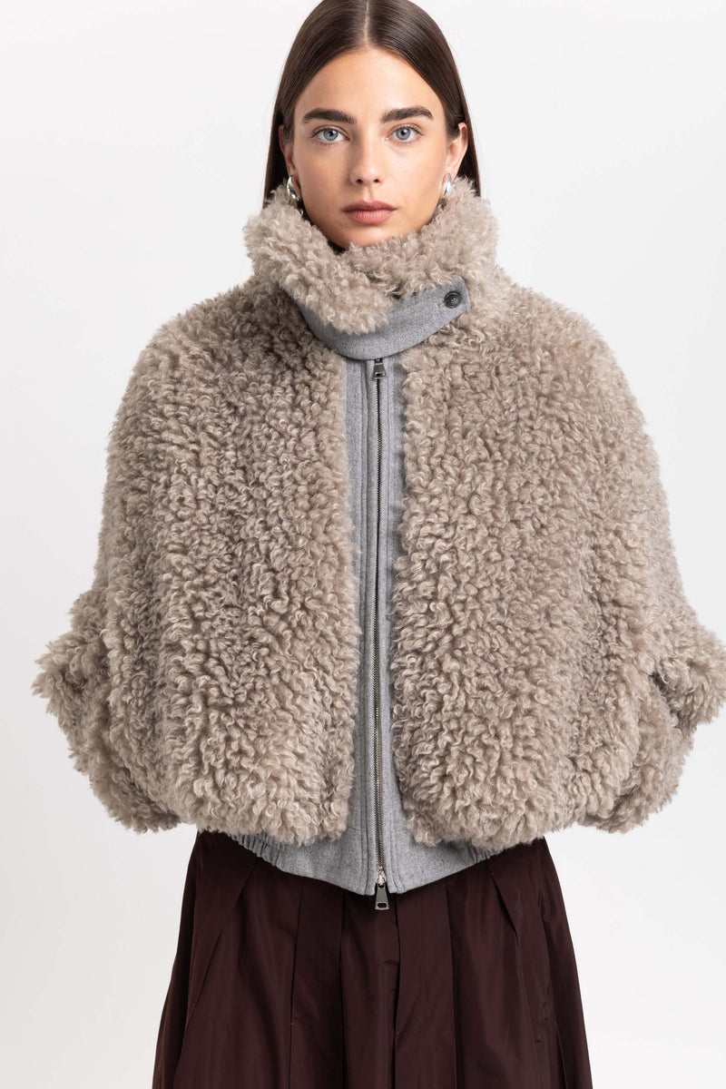 Light taupe faux alpaca fur bomber jacket