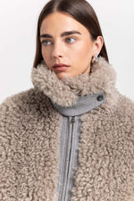 Light taupe faux alpaca fur bomber jacket