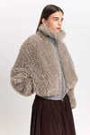 Light taupe faux alpaca fur bomber jacket